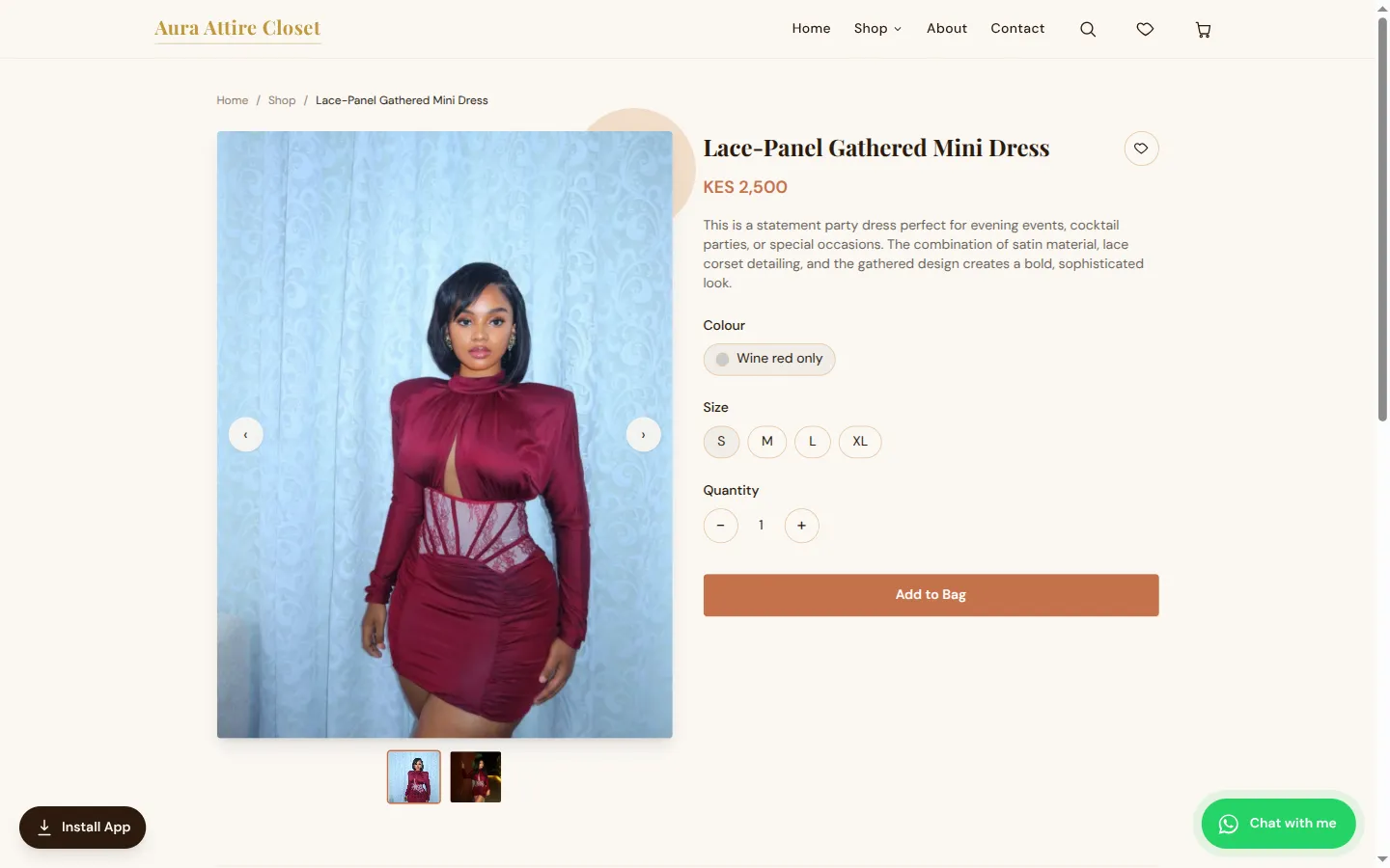 Aura Attire Closet product detail page with variant selection
