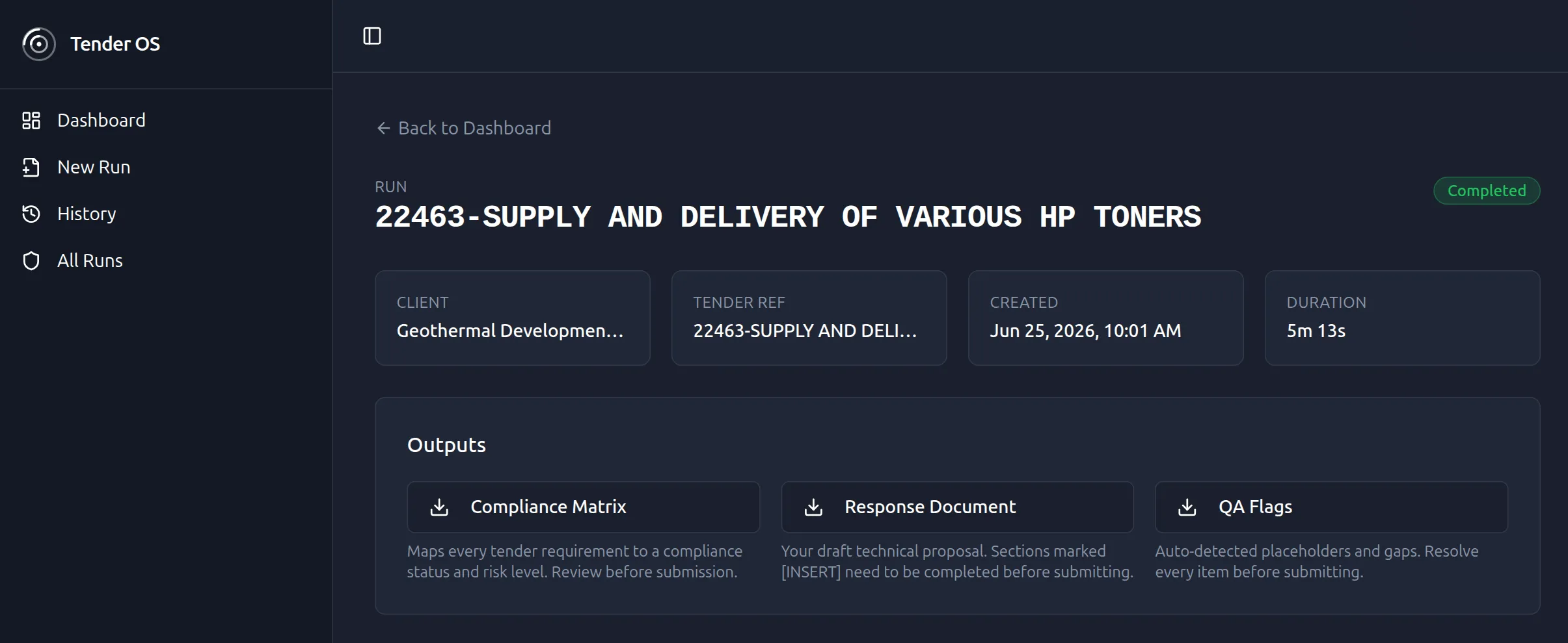 Tender OS — completed run with compliance matrix, response document and QA flags